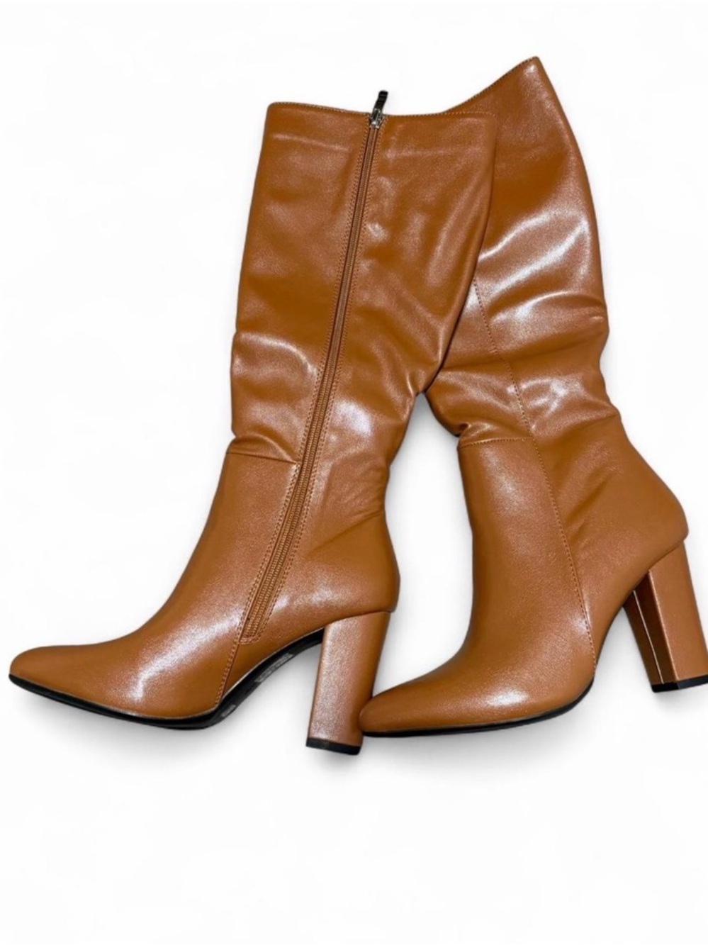 Women's Tan Leather-Look Mid-Calf Block Heel Boots